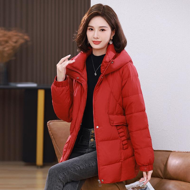 

Повседневная куртка большого размера с капюшоном на толстом белом утином пуху - Женская зимняя верхняя одежда средней длины 2024 XXL for 150-165 jin