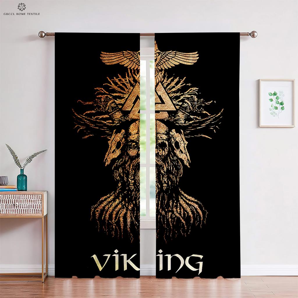 Personalized Rune Shield Three D Printing Curtain Rod Pocket Ornamental Drapes Retro Pattern Bed Room Living Area Kitchen Area