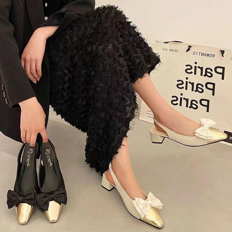 Bow Temperament High Heels Square Head Single Shoes 2025 Spring and Summer New with Skirt French Thick Heel Small Sandals Women