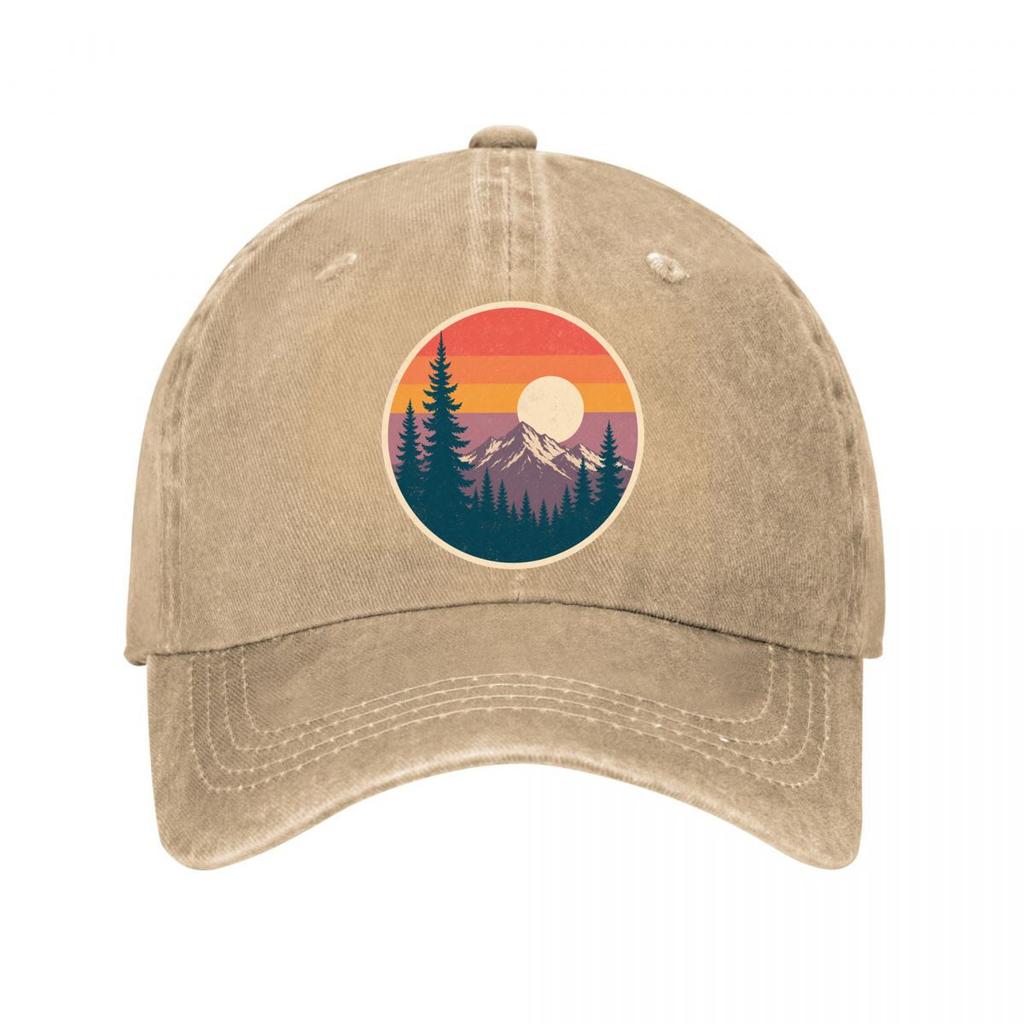 Retro Mountain Pines Sunset Emblem Washed Baseball Cap Outdoor For Womens Unisex FeUnisex Dad Hat