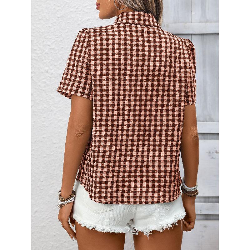 2026 Spring/Summer New Women's Loose Short-Sleeve Pocket Casual Plaid Shirt