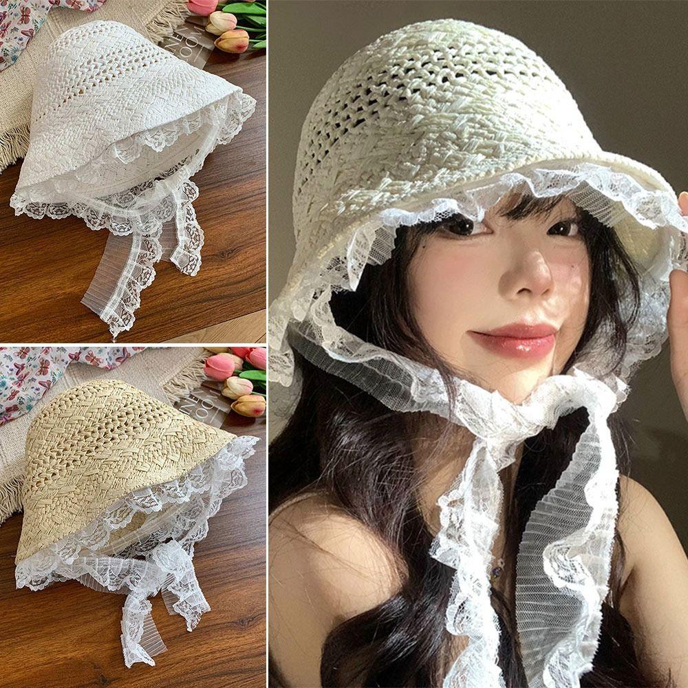 New Hollow Straw Lace Hat Foldable Upf 50+ Straw Sun Visors Uv Protect Sun Protection Sun Cap