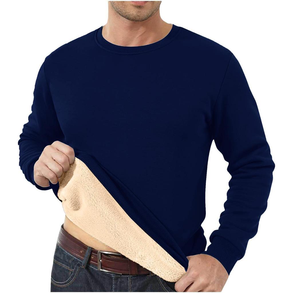 Men's Fleece-Lined Crew Neck Sweatshirt - Loose Fit, Solid Color, Warm Autumn/Winter Wear.