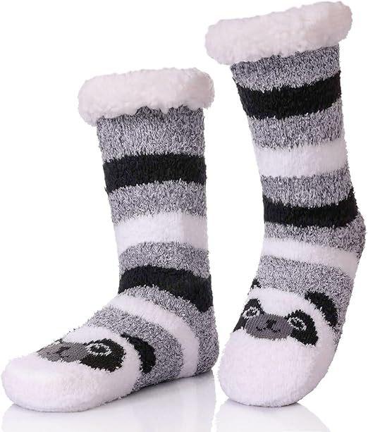 Winter Christmas Themed Women Lamb Fleece Floor Socks, Adult Non-Slip Indoor Snow Socks for Home Carpet