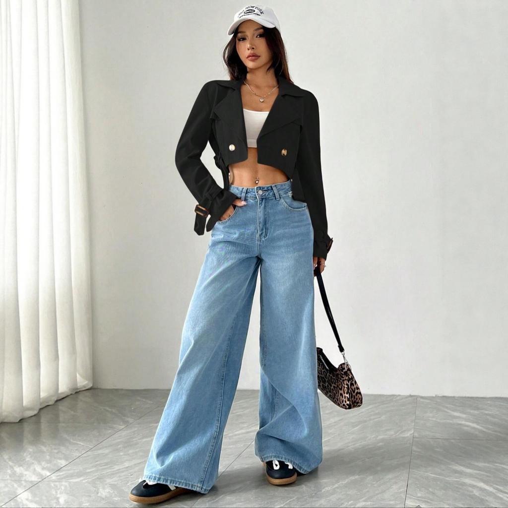 European & American Style Women's Waist-cinched Long Sleeve Short Trench Coat, Spring Autumn Casual Lace-up Fashion Outerwear