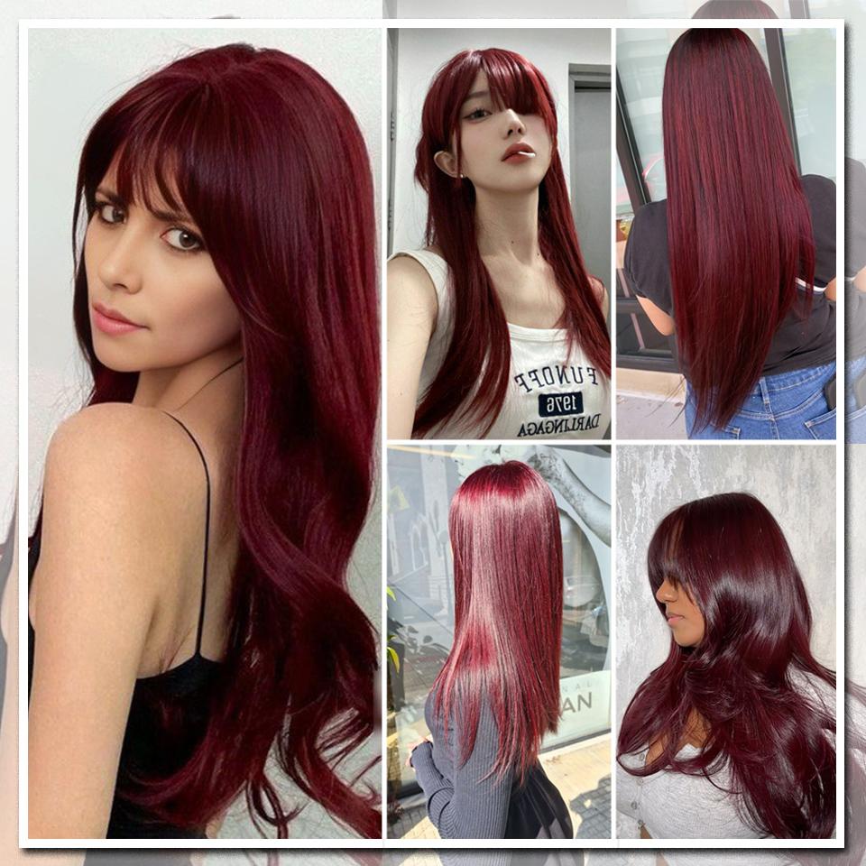 WTB Deep Red Long Straight Hair Synthetic Wig Female Straight Bangs Lolita Fluffy Natural Deep Red Long Straight Hair Wig
