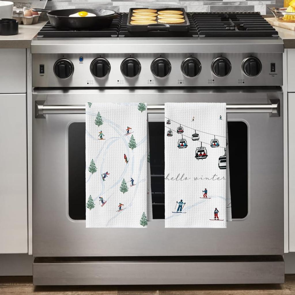 Artoid Mode Xmas Trees Cable Car Ski Winter Bar Kitchen Towels, 12x24 Inch Quick Dry Microfiber Cloth Dish Towels for Kitchen Drying Set of 2