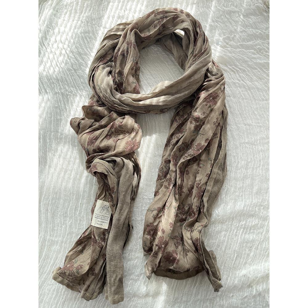 

Johnature Цветочная окантовка Шарф Женский Ретро Японский Универсальный Плиссированный Платок Четыре Сезона Декоративный Шарф Женский