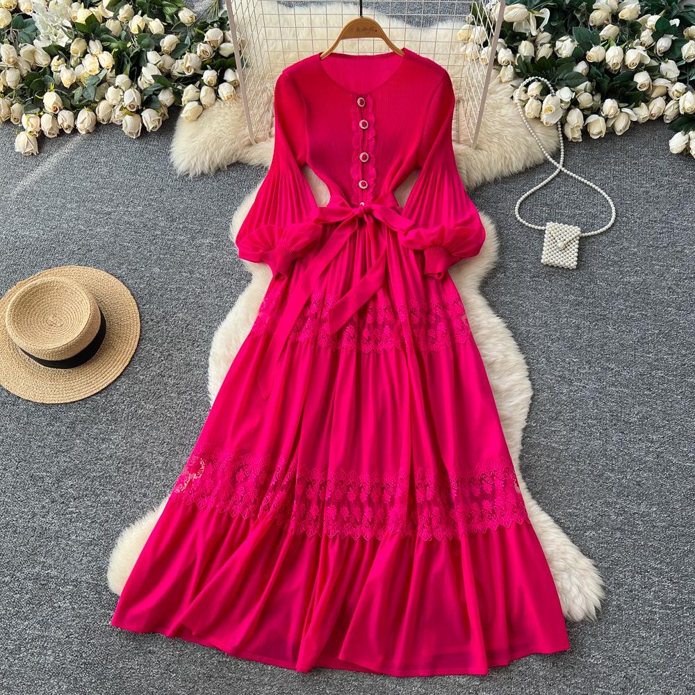 Lace Splicing Hollow Pleated Dress Women's Long-sleeved High-waisted A-shaped Skirt Big Pendulum High-elastic Long Dress