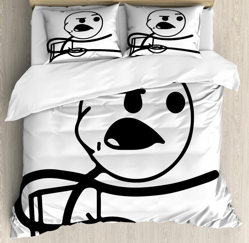 Humor Decor Queen Size Duvet Cover Cartoon Style Troll Face Guy with Popular Artful Facial Expression Soft Polyester Bedding Set