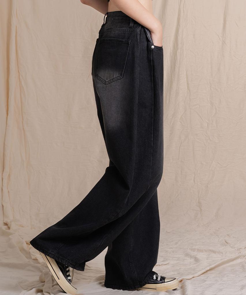 Ellamo 56_4 Women'S Side Pintuck Washed Wide Denim Pants (Basic/Long)_Dark Denim