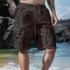 Shorts de verão masculino com cordão, cintura elástica, comprimento do joelho, solto, cor pura, vários bolsos, reto, casual, uso diário, praia, calças curtas