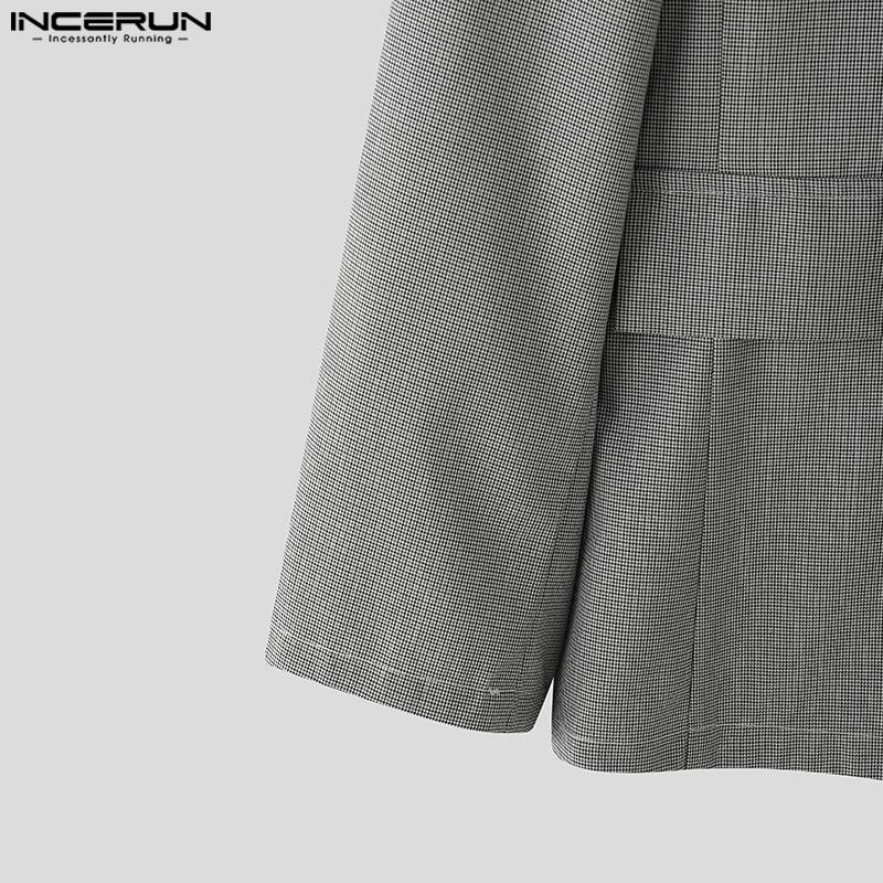INCERUN Oversized Men V Neck Long Sleeve Plaid Print Casual Loose Thin Blazer Coats