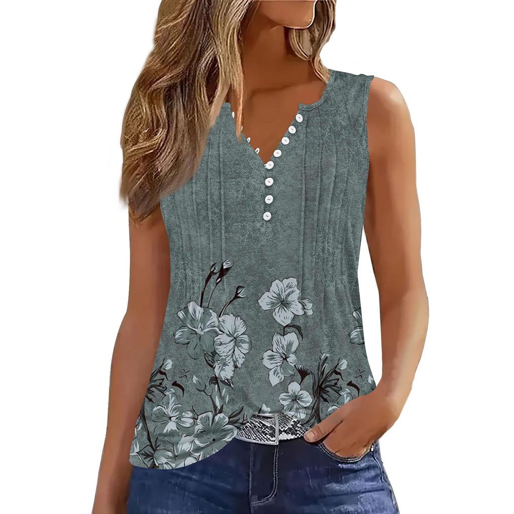 Women's Flowers And Plants Casual Loose Pleated Shirt V Collar Button-down T-shirt Shirt Sleeveless Vest Top