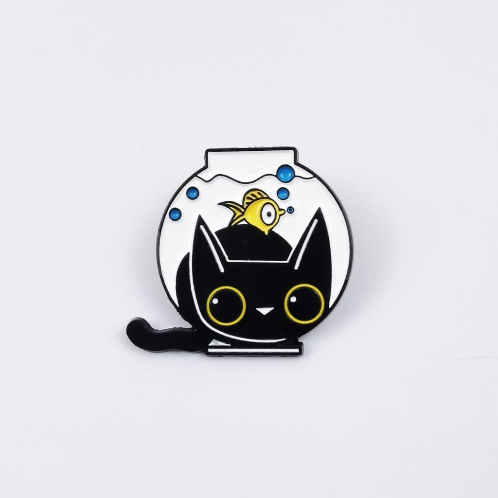 Black Cat Metal Brooch - Cartoon Fish Tank & Wine Glass Shape, Children's Backpack Accessory Badge