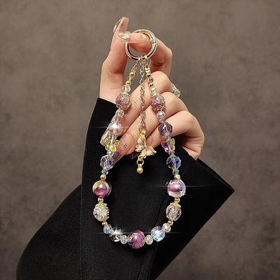 Light Luxury Crystal Mobile Phone Chain, Handmade Gold Foil Beaded Short Wrist Lanyard, Fashion Butterfly Pendant Phone Lanyard