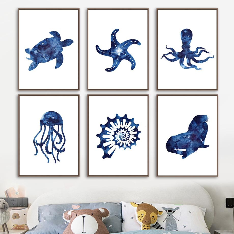Nautical Navy Blue Sea Urchin Shell Starfish Octopus Turtle Poster Wall Art Print Canvas Painting Baby Bathroom Bedroom Decor