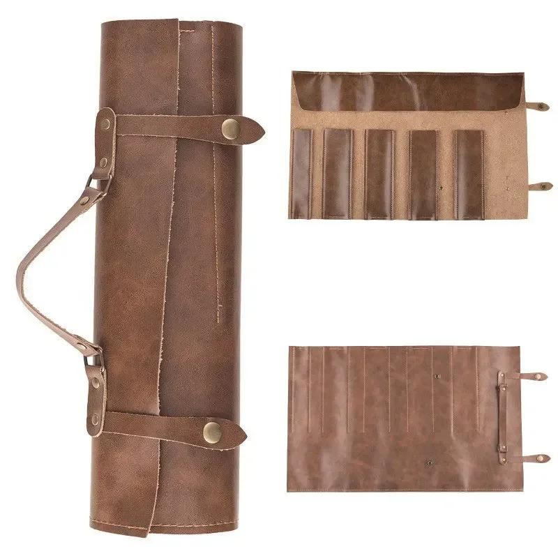 Leather Chef Knife Bag Portable Two-Layer Cowhide Knives Storage Roll Bag Kitchen Camping Cooking Knife Carry Case Pockets Pouch