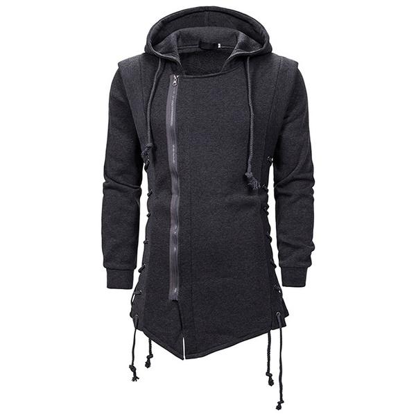סוודר שחור לגברים בסגנון גותי סוודר Assassin's Creed מעיל קפוצ'ון שחור כהה