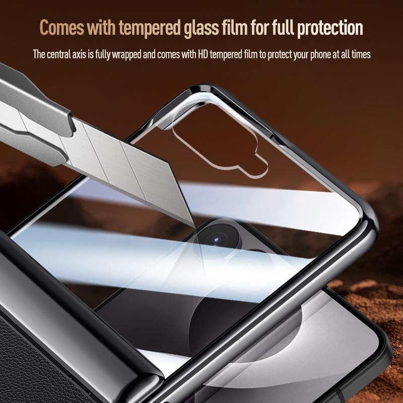 Für Samsung Galaxy Z Flip8 5G Luxuriöses PU-Leder 360° Schwenkbare Halterung Magnetische Gehärtetes Glas Frontfolie Für Magsafe Handyhülle
