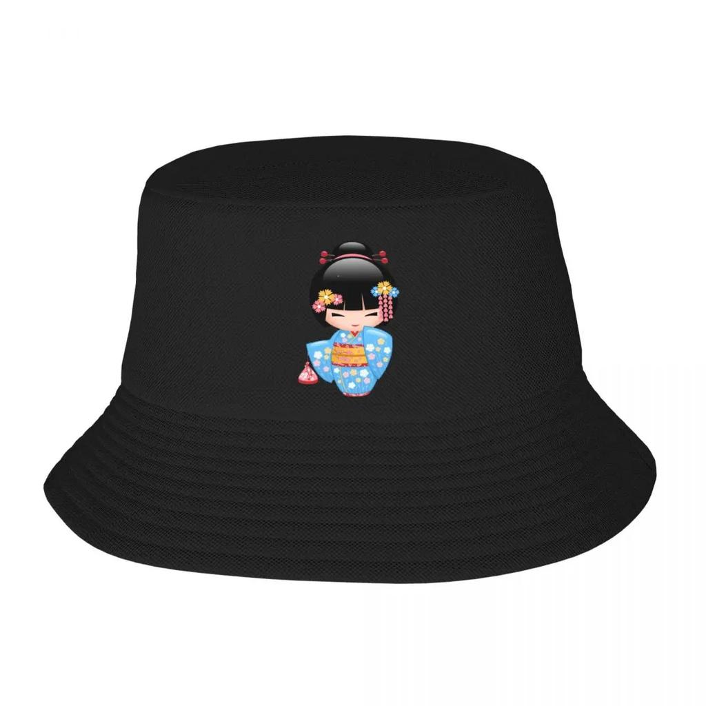 Custom Kawaii Kokeshi Doll Bucket Hat Women Unisex Fashion Summer Outdoor Sun Japanese Kimono Geisha Girl FisherUnisex Cap