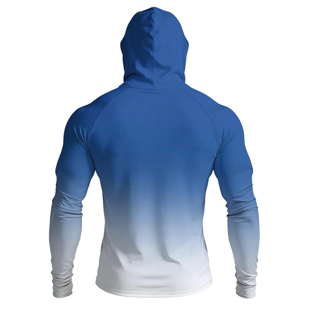 Men Raglan Sleeve Gradient Hooded Long Sleeve Sun Shirt Lightweight Pullover with Thumb Holes for Outdoor Activities
