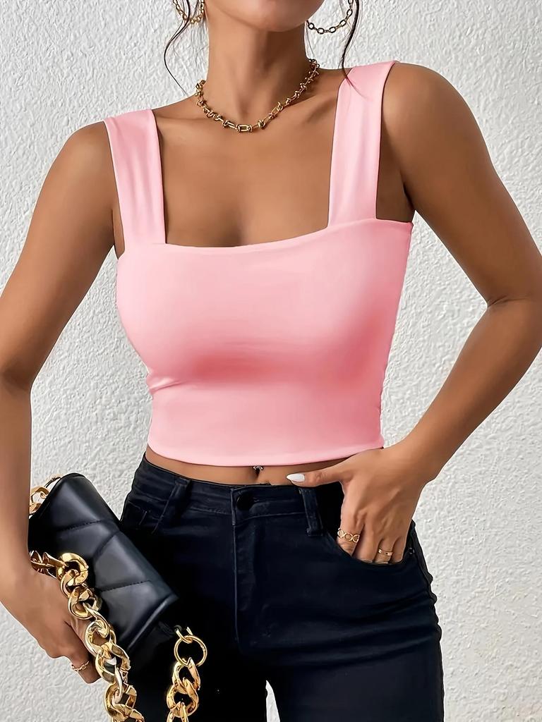 Čtvercový výstřih Tílko Široká ramínka Crop Tops Ženy Léto Košilka Jednobarevná Košilka Módní tubus Dámská zkrácená vesta bez rukávů Y2K Oblečení