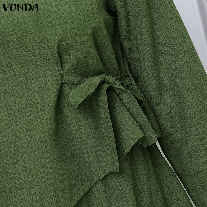 VONDA Women O Neck Long Sleeve Casual Loose Pleated Layers Maxi Rufffled Dress Robes