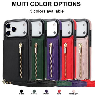 Étui Portefeuille en Cuir pour iPhone 17 Pro Max avec Bandoulière, Fermeture Éclair et Emplacement pour Carte