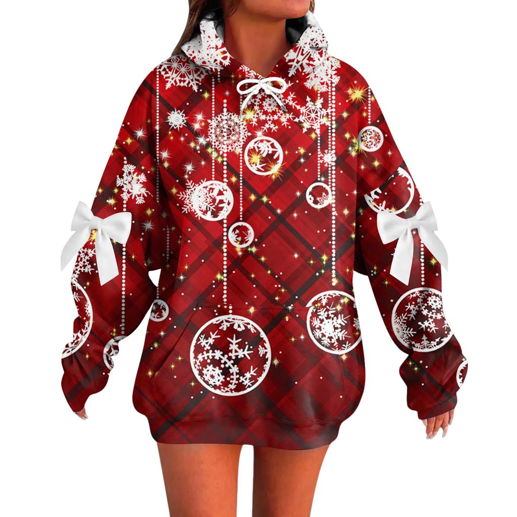 Ladies' Christmas Printed Bow Long Sleeved Loose Fitting Headband With Rope Hooded Sweatshirt Top