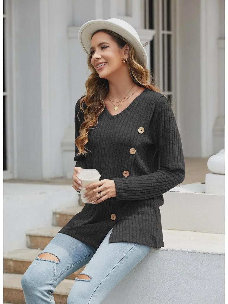 2023 Women's Autumn & Winter V-Neck Button Split Loose Long-Sleeve T-Shirt Top