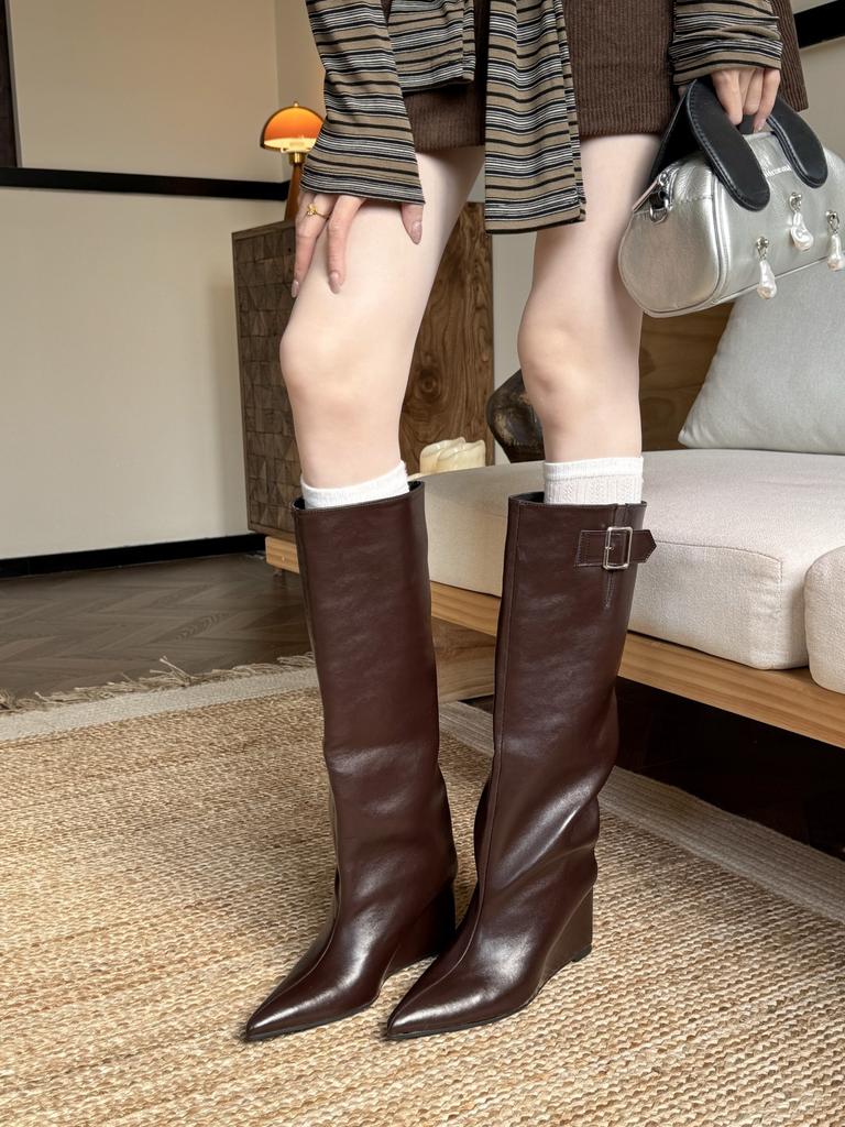 European and American temperament versatile and thin pointed wedge heel boots