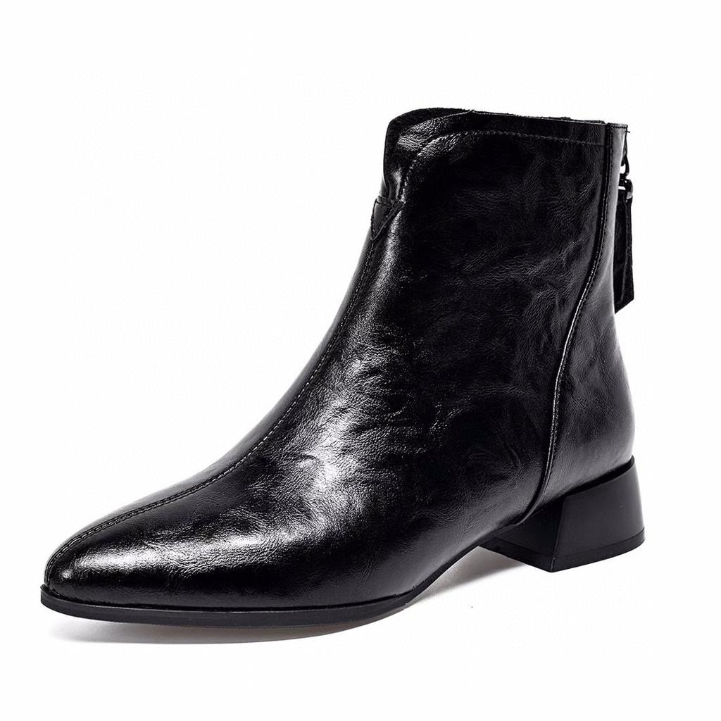 Pointed Short Boots Women's Autumn and Winter New Rear Zipper Low Heel Leather Boots Simple Temperament Fashion Boots Cotton Boots