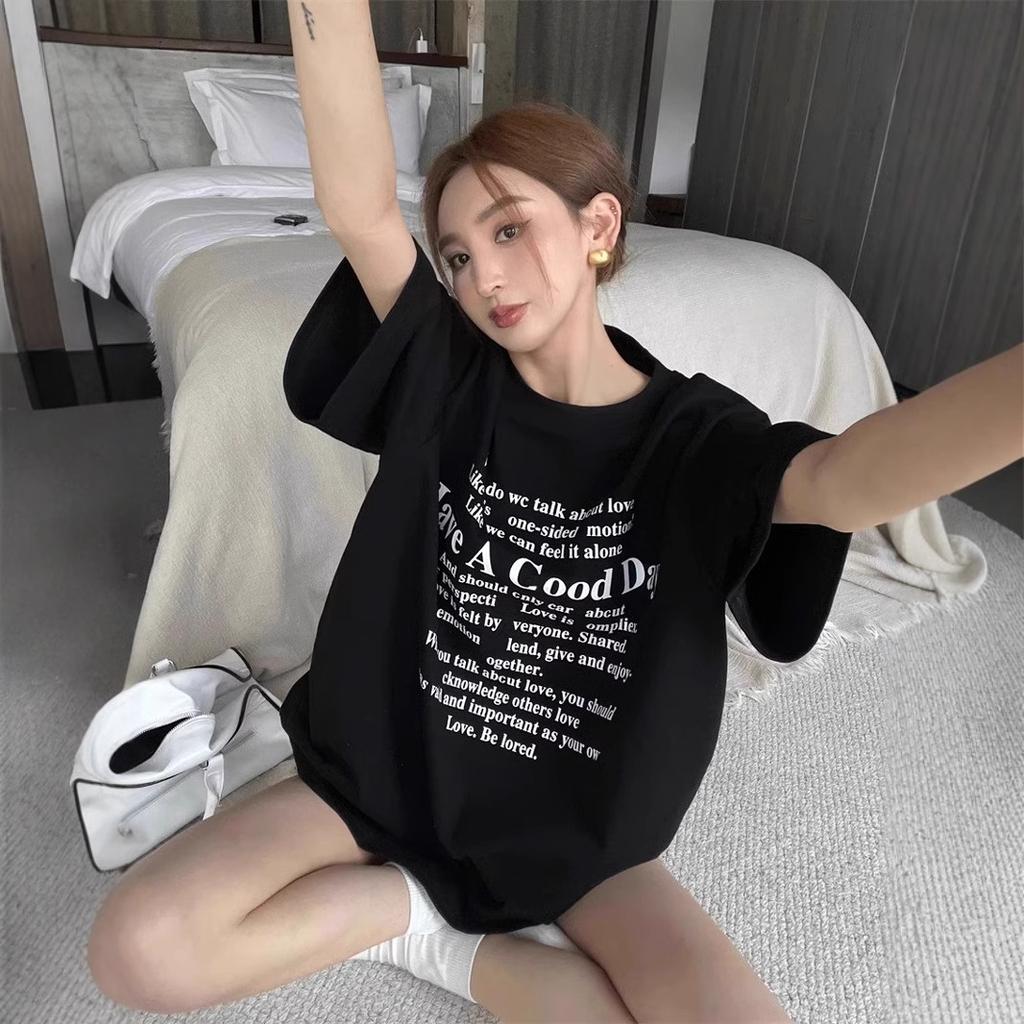 American Black Cotton Casual Short-sleeved T-shirt Women's Summer Large Size Fat Mm100kg Loose Lazy Hong Kong Style Retro Top