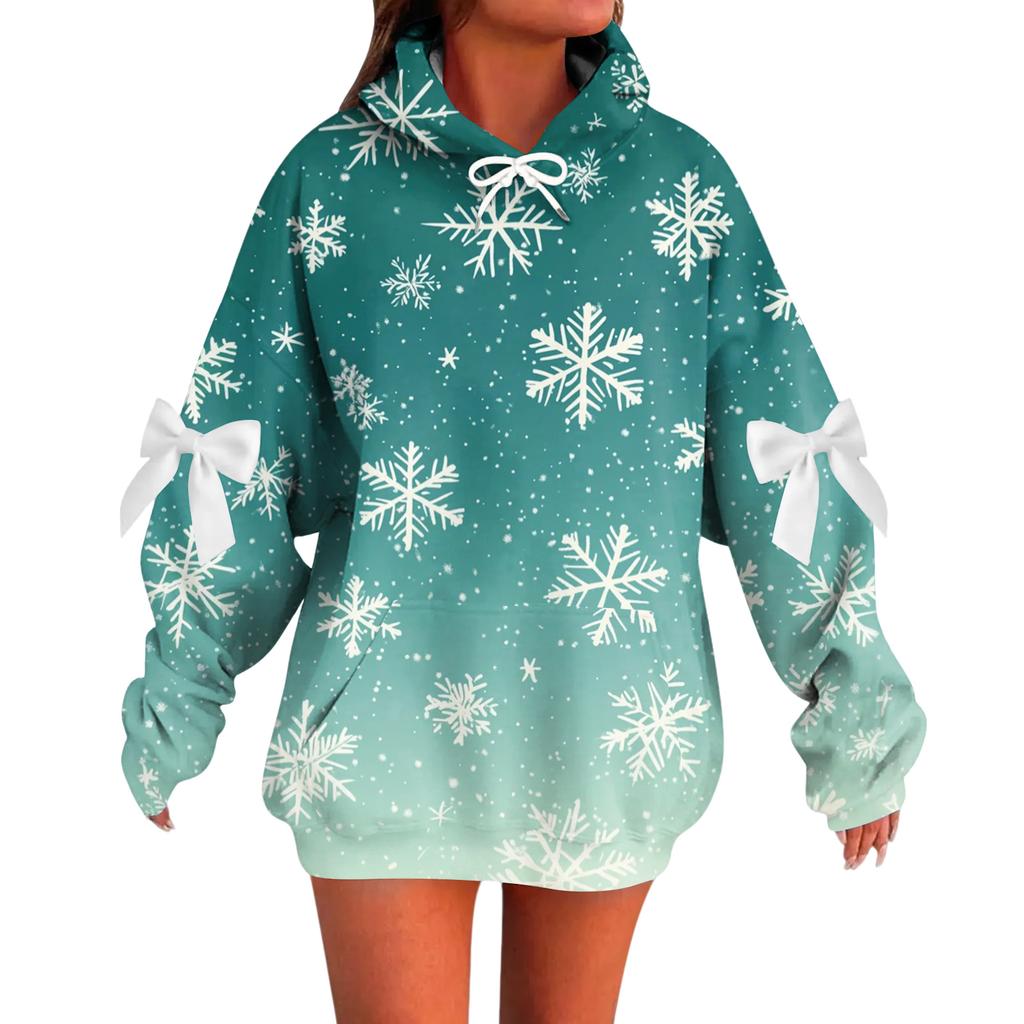 Ladies' Christmas Printed Bow Long Sleeved Loose Fitting Headband With Rope Hooded Sweatshirt Top
