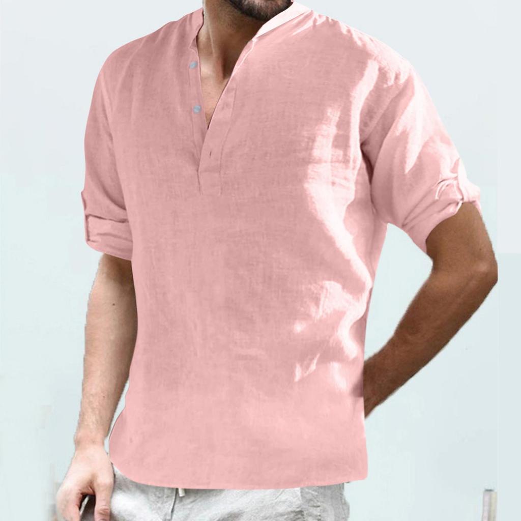 Designer Spring Summer Men's Casual Cotton Linen Solid Color Long Sleeve Shirts Loose Stand Collar Shirts