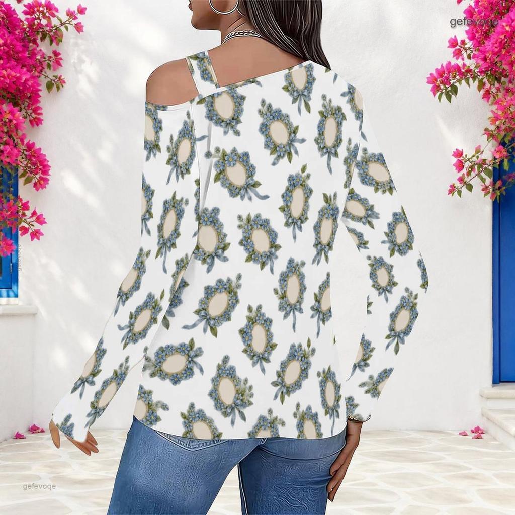 Women Plus Size White Floral Printed Asymmetric Cutout Cold Shoulder Long Sleeve Fitted Blouse