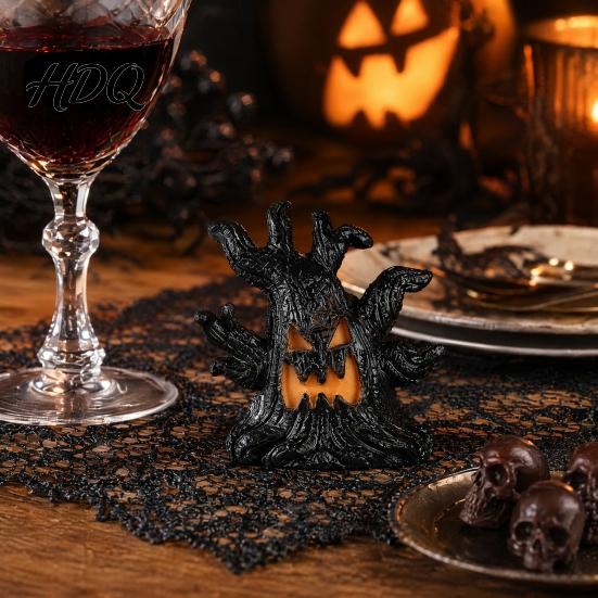 Three-dimensional Halloween Ornament Decoration, Ghost Face Tree Stump Lantern, LED Resin Spooky Decor Glowing Pumpkin Decor, Festival Atmosphere