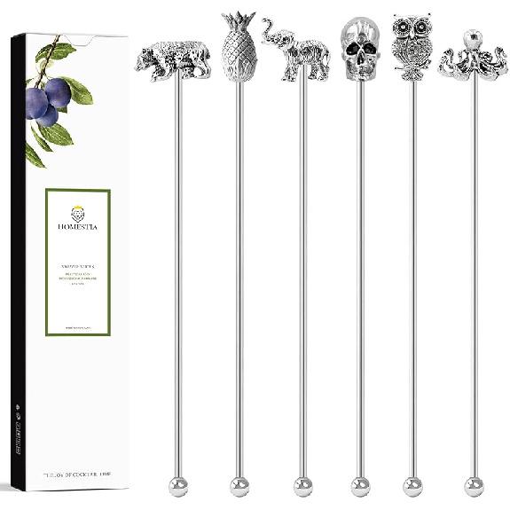 Homestia 7.5 Inches Stainless Steel Coffee Beverage Stirrers Drink Swizzle Stick with Animal Design, Set of 6 Cocktail Stirrers, Metal Cocktail Stir Classic Series