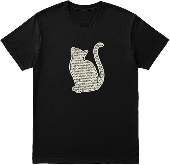 Cat Silhouette T-Shirt – Book Text Design – Unisex Black T-shirt XS