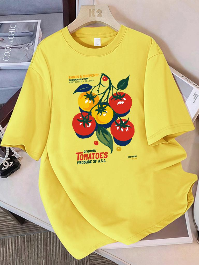 Summer Cotton T-Shirts Women Organic Tomatoes Produce Of Usa Prints Short Sleeve O-Neck Comfortable Loose Tops Casual Clothes
