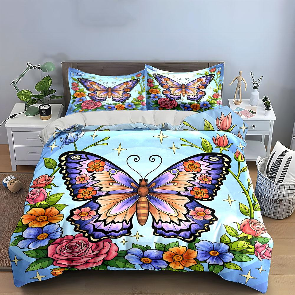 Butterfly and Floral Blossom Bedding Duvet Cover Set (1*Duvet Cover 2*Pillowcases, without duvet insert)