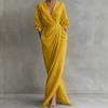 New Elegant Solid Color V-Neck Long Sleeve Ruched Waist Pocket Dress