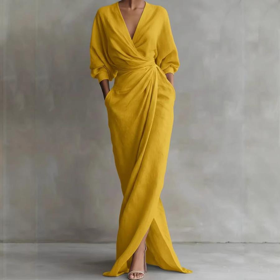 New Elegant Solid Color V-Neck Long Sleeve Ruched Waist Pocket Dress