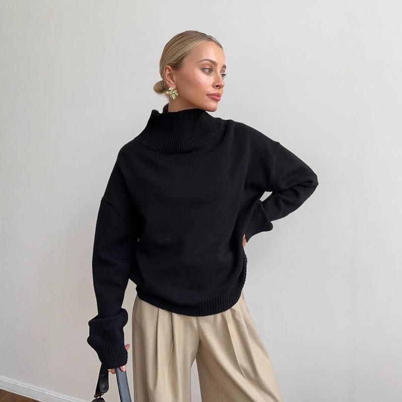 Womens Oversized High-Neck Knit Pullover Sweater Soft Thick Plain Color Casual Long Sleeve Top
