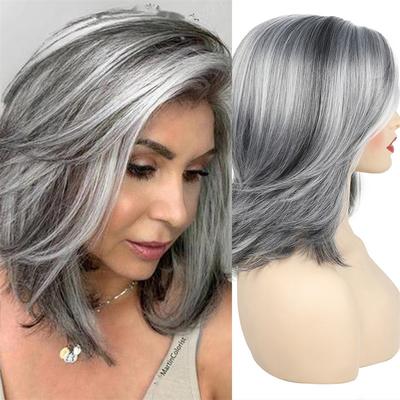 Synthetic Medium Wig for Women Mixed Hair Bobs Natural Salt and Pepper Wig  Ladies Mommy Wigs Cosplay Party Heat Resistant