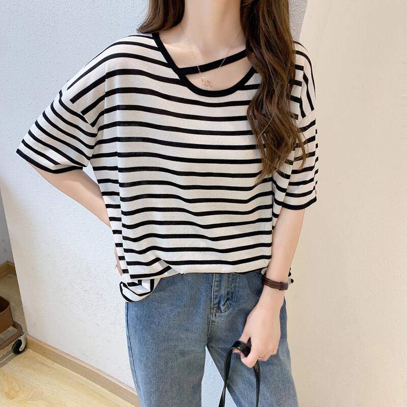 ITISF4 Women s V-Neck Striped Short-Sleeve T-Shirt One Size