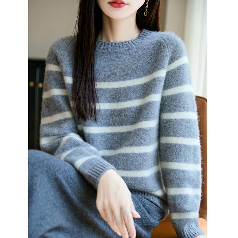 Women Sweater 100% Wool MODERN NEW SAGA O-neck Stripe Knit Pullover Thick Winter Jumpers Female Knit Tops