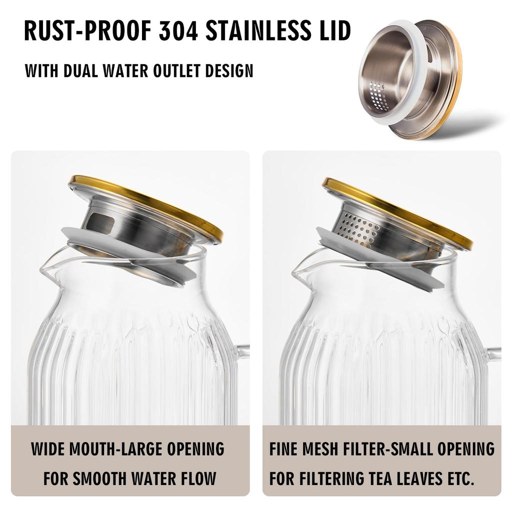 GLASKEY Square Glass Pitcher with Classic Stripe Water Pitcher with Handle for Juice Borosilicate Glass Carafe for Hot and Cold Brew Drinks 2.1L Lid,