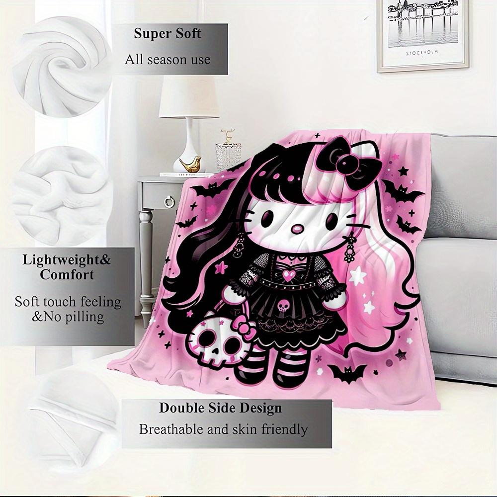 For Gothic, Hello Kitty, HalloweenAnime-Themed Flannel Blanket, Glam Style, Digital Print, All-Season Comfort, Tear-Resistant, Knitted Craft